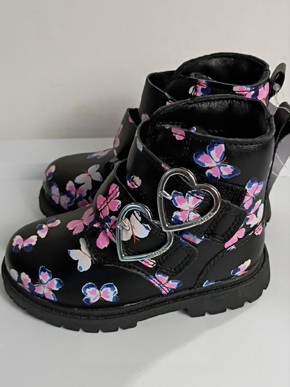 CARTER'S Black Ankle Boots with Heart-Buckles and Pink & Blue Butterflies SIZE 7 - Picture 4 of 8
